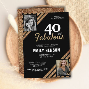 40 and Fabulous Gold Glitter 2 Photo 40th Birthday Invitation