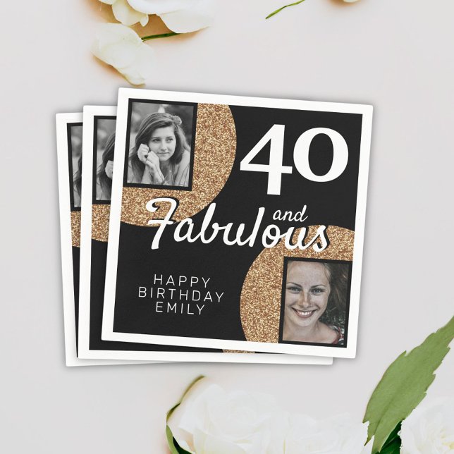 40 and Fabulous Gold Glitter 2 Photo 40th Birthday Napkin (Creator Uploaded)