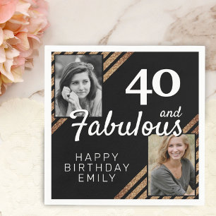 40 and Fabulous Gold Glitter 2 Photo 40th Birthday Napkin