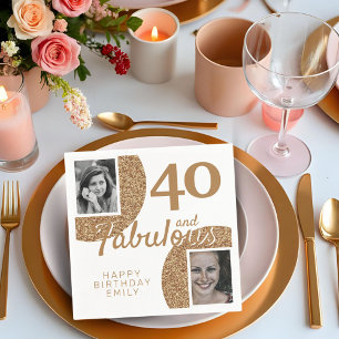 40 and Fabulous Gold Glitter 2 Photo 40th Birthday Napkin