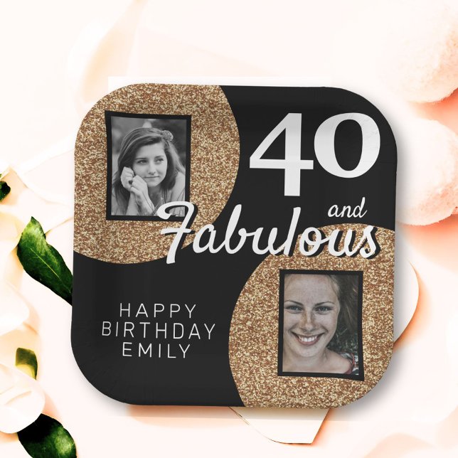 40 and Fabulous Gold Glitter 2 Photo 40th Birthday Paper Plate (Creator Uploaded)
