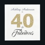 40 and Fabulous Gold Glitter 40th Birthday Party Napkin<br><div class="desc">Celebrate turning 40 in style with this elegant custom 40th birthday design, 40 and fabulous in gold glitter and black and your name in chic script calligraphy. Exclusively designed for you by Happy Dolphin Studio. If you need any help please contact us through our store. We're happy to help you...</div>