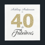 40 and Fabulous Gold Glitter 40th Birthday Party Napkin<br><div class="desc">Celebrate turning 40 in style with this elegant custom 40th birthday design, 40 and fabulous in gold glitter and black and your name in chic script calligraphy. Exclusively designed for you by Happy Dolphin Studio. If you need any help please contact us through our store. We're happy to help you...</div>