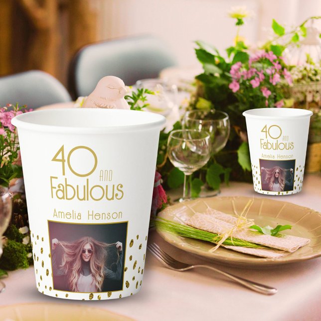 40 and Fabulous Gold Glitter Photo 40th Birthday   Paper Cups (Creator Uploaded)
