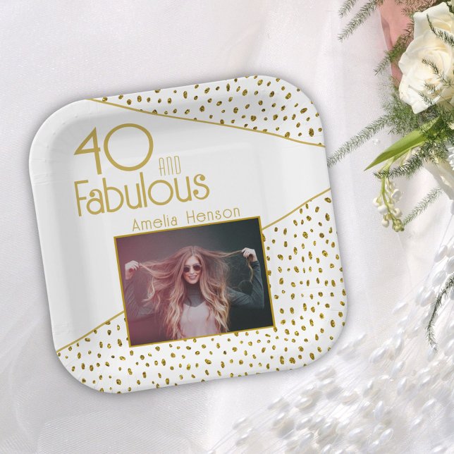 40 and Fabulous Gold Glitter Photo 40th Birthday  Paper Plate (Creator Uploaded)