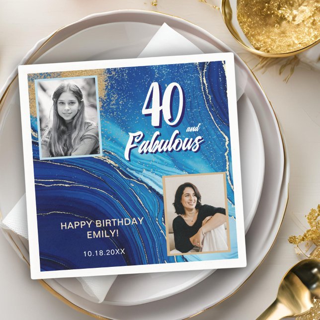 40 and Fabulous Marble Glitter 2 Photo Birthday Napkin (Creator Uploaded)