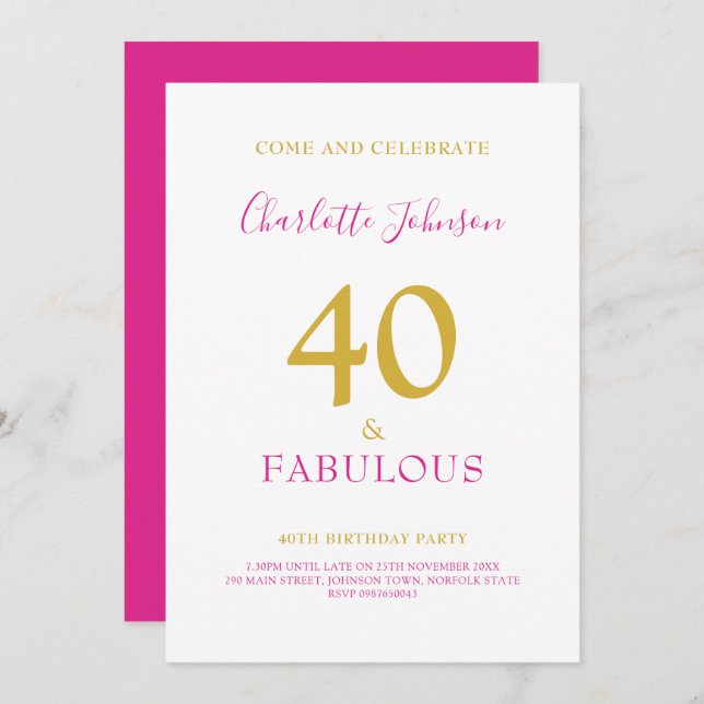 40 and Fabulous Minimalist 40th birthday Gold Pink Invitation (Front/Back)