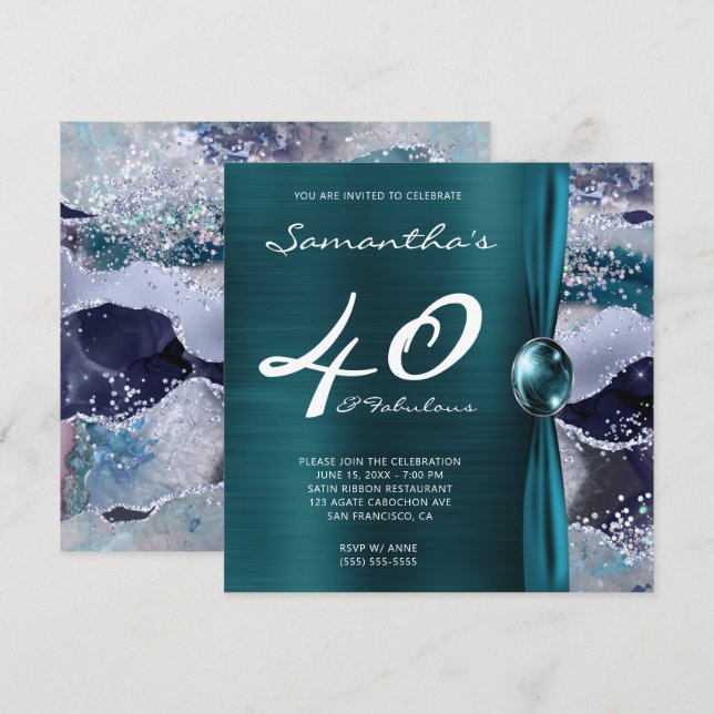 40 and Fabulous Ocean Blue Teal Agate Birthday Invitation (Front/Back)