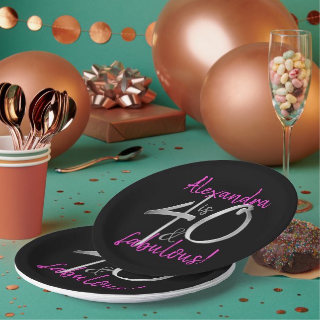 40 and Fabulous Pink and Black Personalised Paper Plate (Multi)