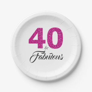 40 and Fabulous Pink Glitter 40th Birthday Party Paper Plate
