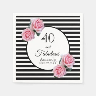 40 and fabulous pink roses on black white stripes napkin