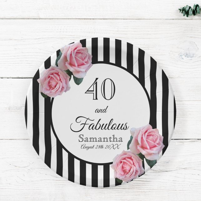 40 and fabulous pink roses on black white stripes paper plate (Creator Uploaded)