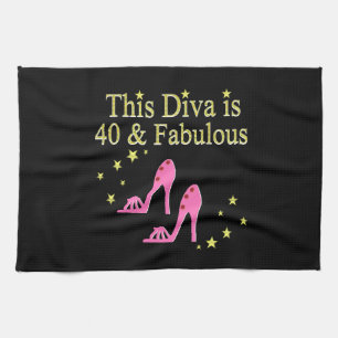 40 AND FABULOUS PINK SHOE QUEEN DESIGN TEA TOWEL