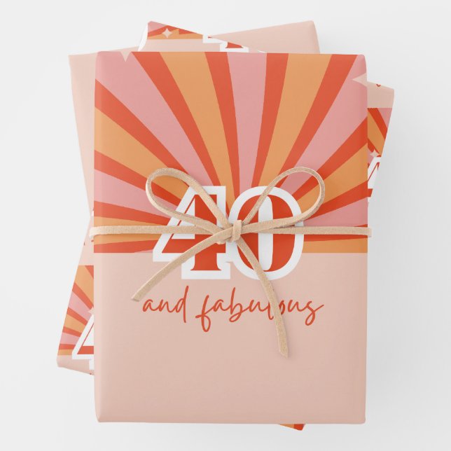 40 and fabulous, retro bright peach  wrapping paper sheet (In situ)