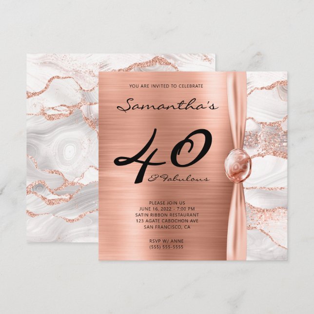 40 and Fabulous Rose Gold and White Agate Birthday Invitation (Front/Back)