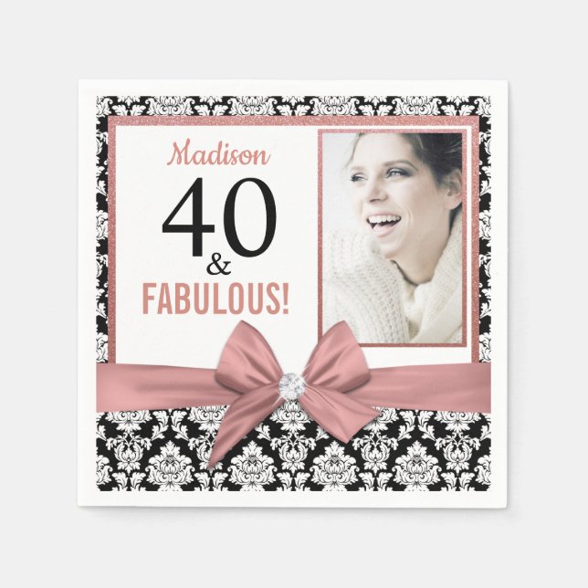 40 and Fabulous Rose gold bow damask 40th Birthday Napkin (Front)
