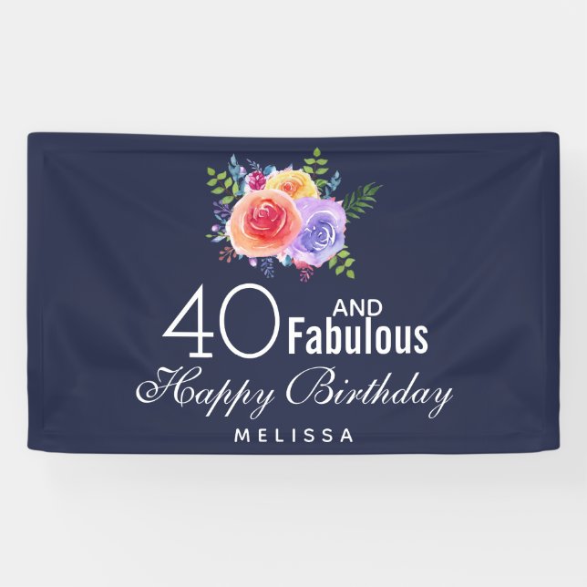 40 and Fabulous Text - Watercolor Floral Birthday Banner (Horizontal)