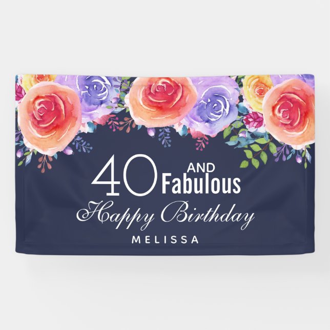 40 and Fabulous Text - Watercolor Floral Birthday Banner (Horizontal)