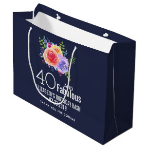 40 and Fabulous Text - Watercolor Floral Birthday Large Gift Bag
