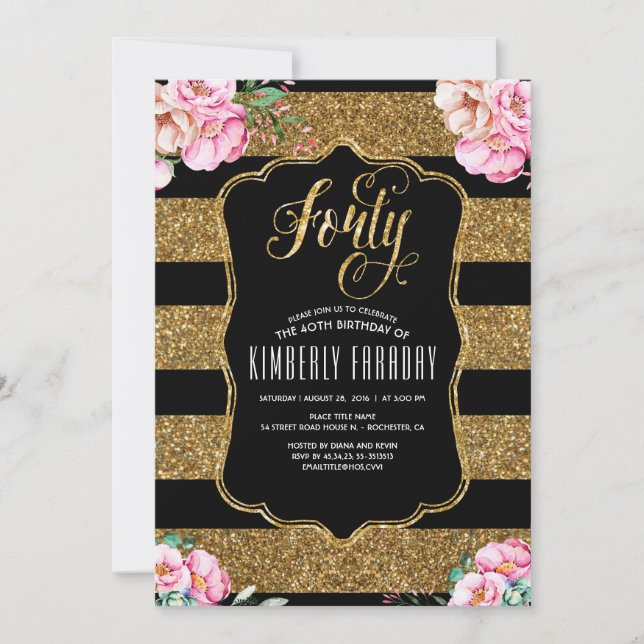 40 Birthday Party Invitations - Floral Gold Glitte (Front)