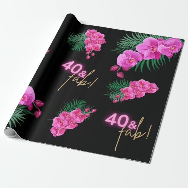 40 & Fab! Neon Pink Gold Black Tropical Birthday Wrapping Paper (Unrolled)