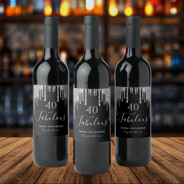 40 fabulous birthday black glitter silver sparkle wine label (Creator Uploaded)