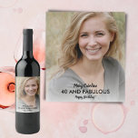 40 Fabulous Birthday Black Modern Script Photo  Wine Label<br><div class="desc">Add your favourite photo to this modern design for a 40 and Fabulous birthday. A white overlay at the bottom ensures the information prints: first name,  40 and Fabulous,  and happy birthday. Simple and classic.</div>