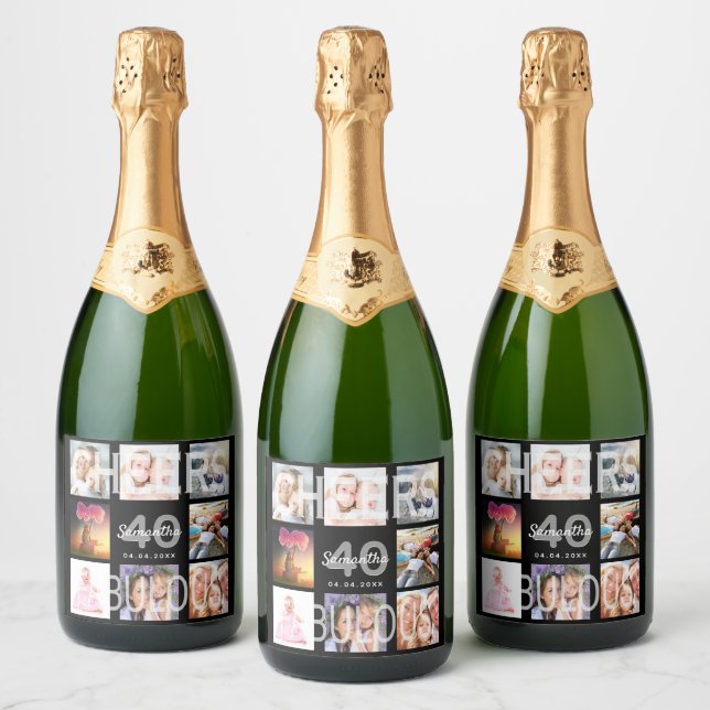40 fabulous birthday black photo collage cheers sparkling wine label (Bottles)
