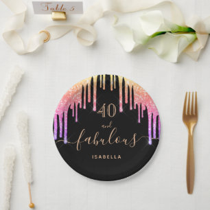 40 fabulous birthday black pink gold glitter paper plate