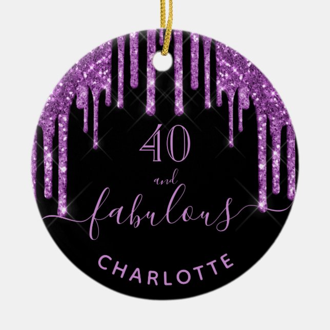 40 Fabulous birthday black purple glitter Ceramic Ornament (Front)