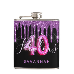 40 Fabulous birthday black purple glitter script Hip Flask
