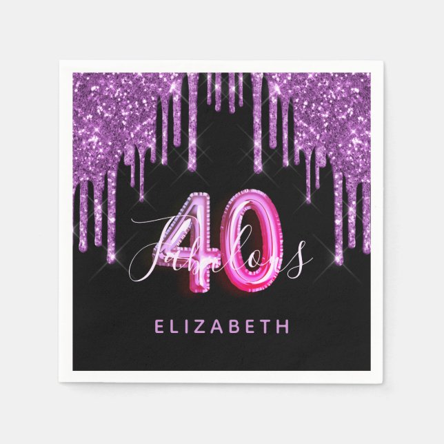 40 Fabulous birthday black purple glitter sparkle Napkin (Front)