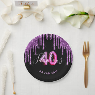 40 Fabulous birthday black purple glitter sparkle Paper Plate