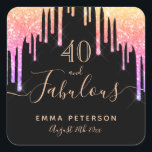 40 fabulous birthday black rainbow glitter sparkle square sticker<br><div class="desc">A trendy and glamourous 40th birthday sticker. A classic black background decorated with rainbow coloured faux glitter drips, paint dripping look in purple, pink and rose gold. With the text: 40 and fabulous. Personalise and add a name and a date. Date of birth or the date of the party. Golden...</div>