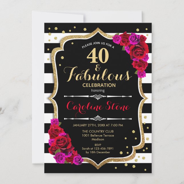 40 Fabulous Birthday - Black White Stripes Roses Invitation (Front)