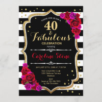 40 Fabulous Birthday - Black White Stripes Roses