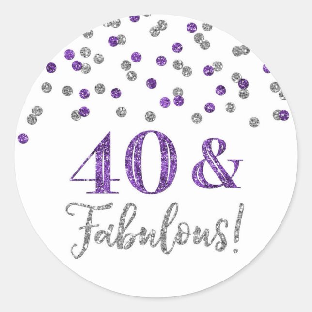 40 & Fabulous Birthday Dark Purple Silver Confetti Classic Round Sticker (Front)