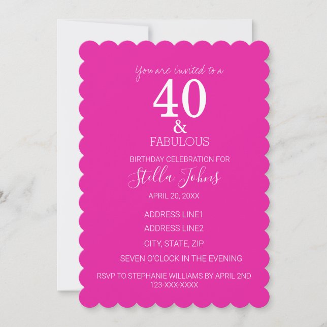 40 Fabulous Birthday Hot Pink White Scallopped Invitation (Front)