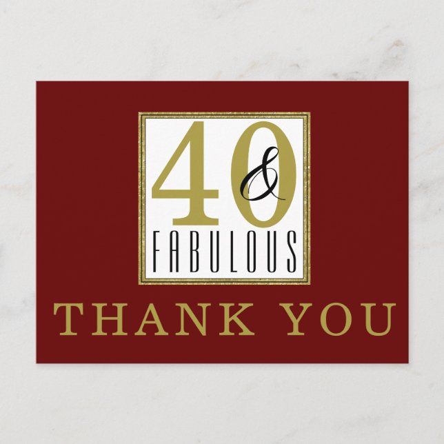 40 & Fabulous Birthday Party Burgundy Thank You Postcard (Front)