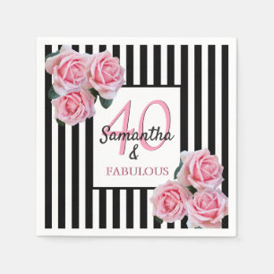 40 fabulous birthday pink black white stripes napkin
