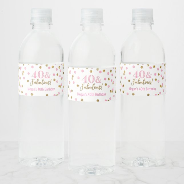 40 & Fabulous Birthday Pink Gold Confetti Water Bottle Label (Bottles)