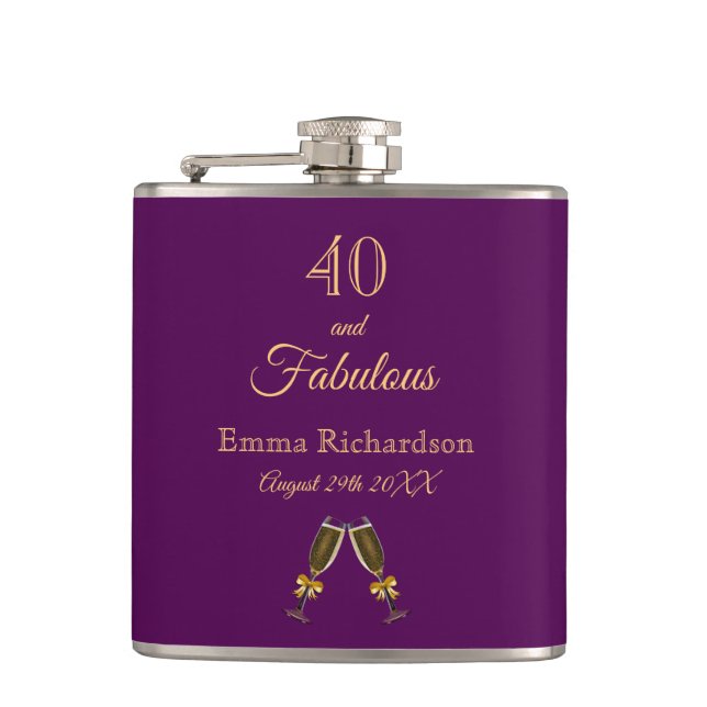 40 fabulous birthday purple gold name hip flask (Front)