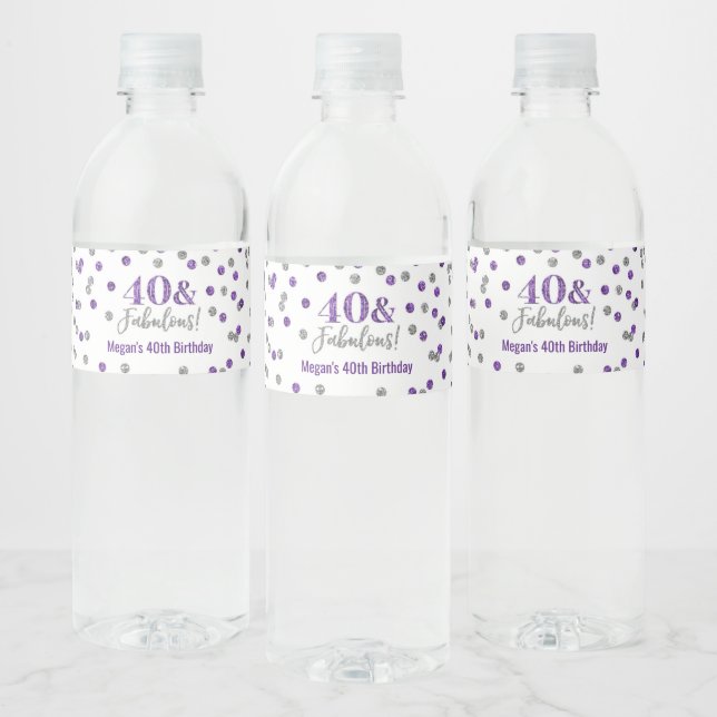 40 & Fabulous Birthday Purple Silver Confetti Water Bottle Label (Bottles)
