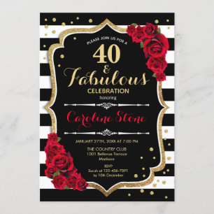 40 Fabulous Birthday -  Roses Black White Stripes Invitation