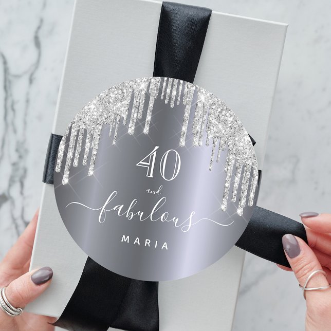 40 fabulous birthday silver glitter drips name classic round sticker (Creator Uploaded)