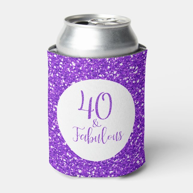 40 & Fabulous Birthday Sparkly Purple Glitter Can Cooler (Can Front)