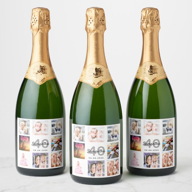 40 fabulous birthday white photo collage name sparkling wine label (Bottles)