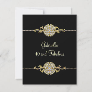 40 & Fabulous Black Gold Jewel Trim Birthday Invitation