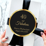 40 fabulous black gold name classic round sticker<br><div class="desc">Elegant, classic, and simple 40 and fabulous birthday sticker. Chic classic black background color with a faux gold frame. The text: 40 and fabulous. Templates for her name and a date. Date of birth or the date of the party. Golden letters. Perfect for party favors or as a save the...</div>