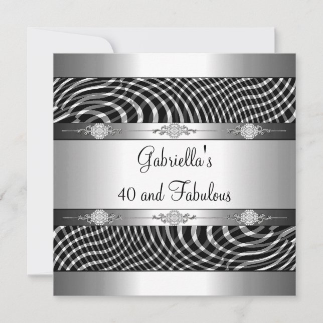 40 & Fabulous Black White Check Silver Birthday Invitation (Front)